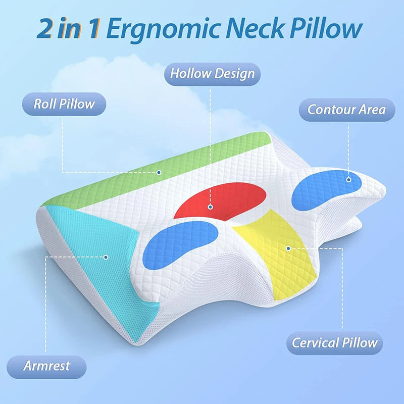 Memory Foam Pillow, 2 In 1 Ergonomic Contour Orthopaedic Pillow For Neck Pain, Contoured Support Pillows.